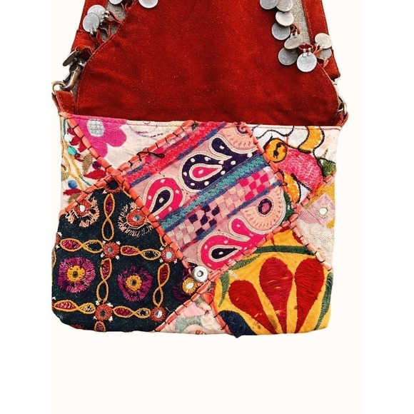 RAJ Red‎ Suede Crossbody Purse Kantha Mirrored Coins Anthropologie - Picture 4 of 10